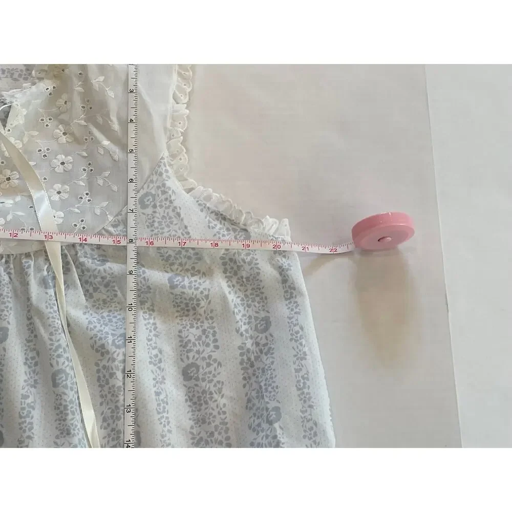 Vintage Violette Pastel Blue Floral Sleep Top, Eyelet, Ruffle, Size L